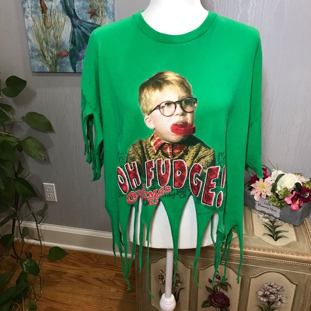 Christmas Story Oh Fudge Ralphie Upcycled Tee Fringe Green Sz XL